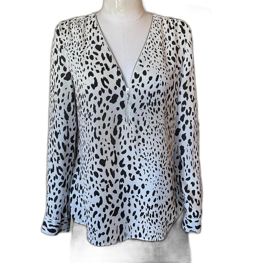 INC White & Black Spotted Animal Print Silver Zip Front Blouse